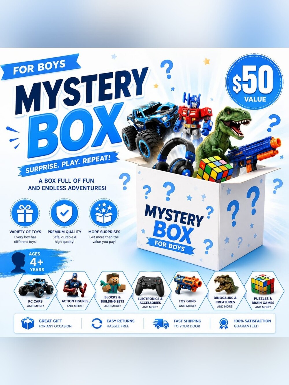 $50 Mystery Box for Boys - Assorted  Branded Toys and Surprises for Boys